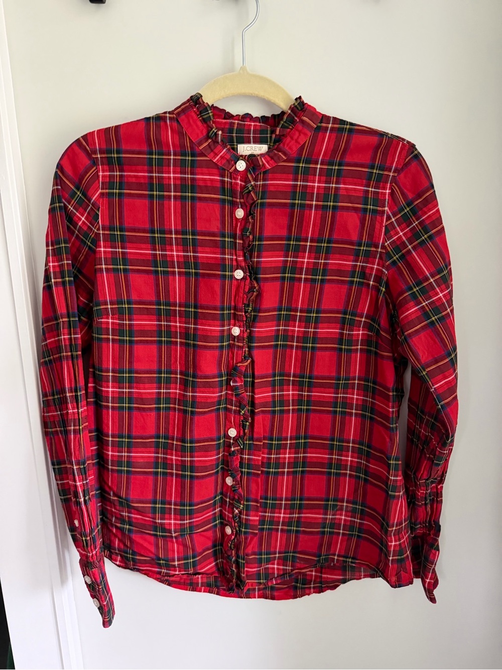 J. Crew Red Plaid Ruffle-Trim Button-Down Shirt